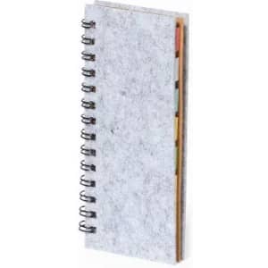 A spiral-bound notebook with a grey cover and multicoloured tabs on the side. It features a simple design.