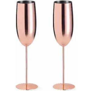 A pair of rose gold champagne flutes with a sleek, shiny finish and slender stems.