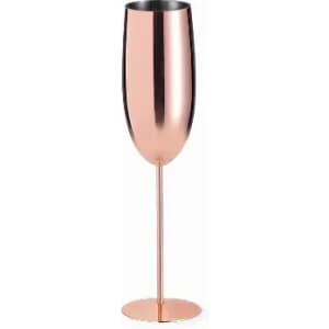 A drink bottle with a sleek rose gold finish and a long slender stem. It features a modern design and a branding logo.