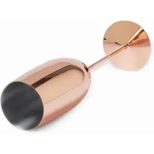 A drink bottle with a sleek design featuring a shiny copper finish and a curved shape. It has a logo on it.