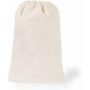 A drawstring pouch in a natural, off-white fabric with a gathered top. It features a simple design and no visible branding.