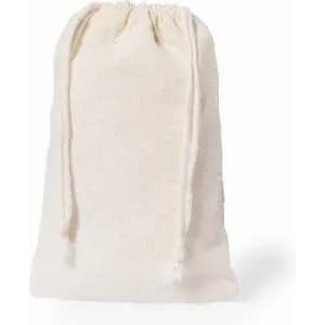 A drawstring bag in a natural, cream colour made from soft, textured fabric. It features a simple design and a logo.