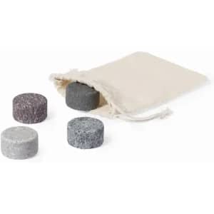 A set of four drink chillers in various shades, accompanied by a natural fabric pouch for storage.