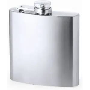 A drink bottle in a sleek silver finish with a screw-top lid and a flat design. It features a branding logo.