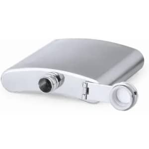 A drink bottle in a sleek silver design with a screw-on cap and a hinged lid. Features a logo on the side.
