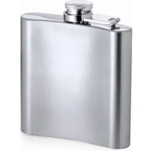 A drink bottle in silver metallic finish with a screw-top lid and a curved design. It features a logo on the surface.