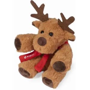 A plush reindeer toy with brown fur, brown hooves, and a red scarf, featuring small antlers and a friendly expression.