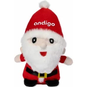 A Santa Claus plush toy with a red hat, white beard, and black boots, featuring a logo on the hat.