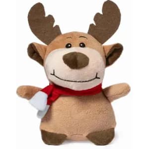 A plush toy reindeer with brown antlers, a red scarf, and a cheerful expression. It has a soft, tan body.