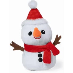 A plush snowman wearing a red hat and scarf, with an orange nose and brown stick arms. It has a happy expression.