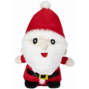 A plush Santa Claus toy dressed in a red suit with a white beard and a fluffy hat, featuring a cheerful expression.