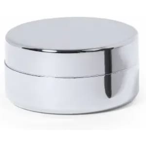 A shiny silver container with a round, smooth lid and a base, featuring a reflective surface.