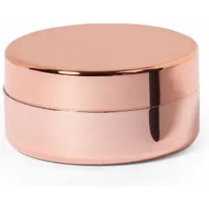A round, rose gold container with a smooth, reflective surface and a secure lid.