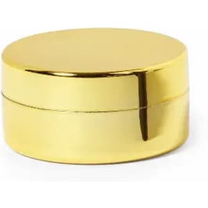 A gold round container with a shiny finish, featuring a smooth lid and a seamless design.