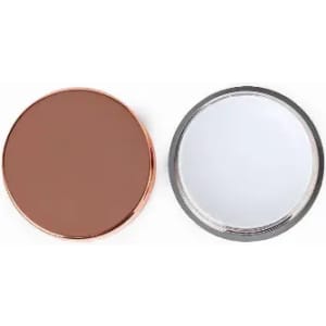 A makeup compact featuring a bronze lid and a mirror on the other side, with a metallic finish.