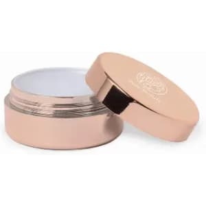 A cream container in a rose gold finish with a white inner lining and a fitted lid. It features a logo on top.