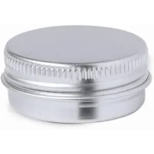 A metal bottle cap featuring a smooth silver surface with a ridged edge.