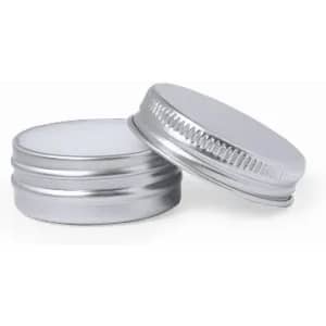 A silver tin container with a screw-top lid, featuring a smooth finish and a ribbed edge.