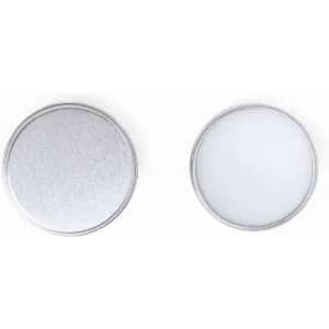 Two circular metal caps, one with a shiny silver finish and the other with a smooth white surface.