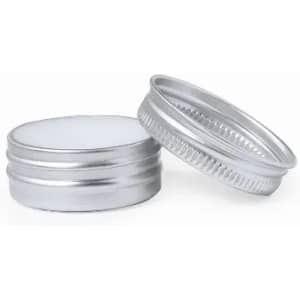 A metallic silver container with a smooth lid, shown in two positions, one stacked on top of the other.