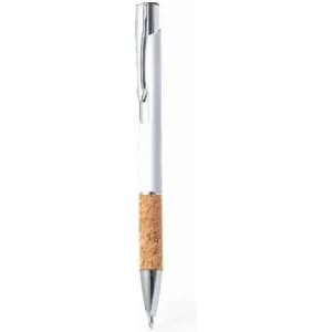 A pen featuring a white body, a chrome clip, and a cork grip. It has a sleek and modern design.