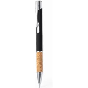 A pen featuring a black body, a cork grip section, and a silver clip, with a polished finish.