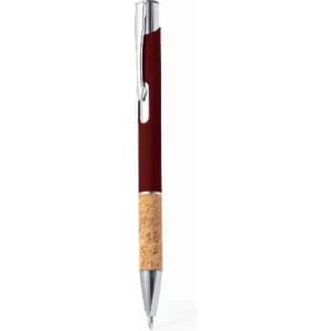 A maroon pen with a cork grip and silver accents, featuring a clip and a ballpoint tip.