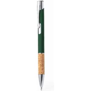 A pen with a green body and cork grip, featuring a silver clip and tip.