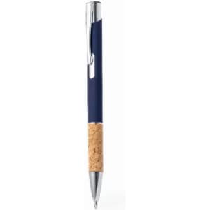 A pen featuring a navy barrel, cork grip, and shiny chrome accents. It has a logo on the side.