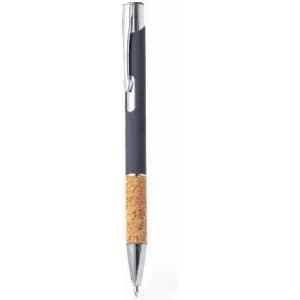 A pen with a navy body and a cork grip, featuring a silver clip and tip. It has a branding logo.