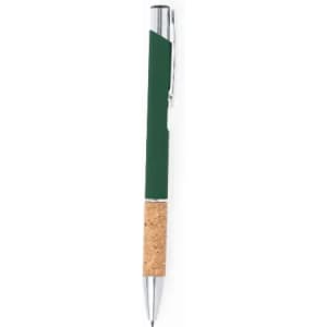 A green pen with a cork grip and a silver clip, featuring a sleek design.