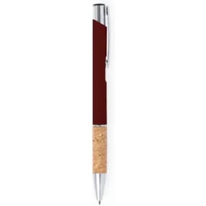 A pen with a burgundy barrel and cork grip, featuring a silver clip and accents.
