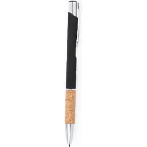 A black pen with a cork grip and silver accents, featuring a logo on the side.