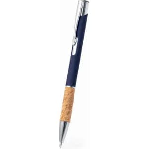 A pen with a navy blue barrel and cork grip, featuring a silver clip and tip. It includes a logo on the barrel.
