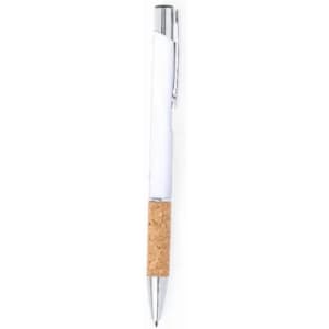 A pen with a cork grip and a silver clip, featuring a white barrel.