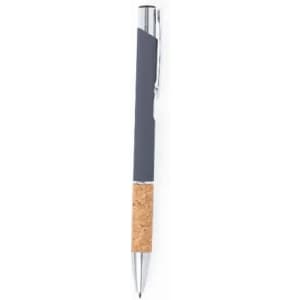 A pen featuring a grey barrel and a cork grip, with a shiny metal clip and tip. It includes a logo on the barrel.
