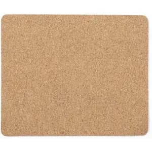 A corkboard in a light brown colour, with a smooth surface and rounded corners. It has no text or markings.