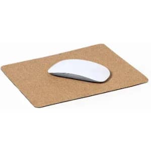 A mouse pad in a natural cork colour with a white mouse resting on top.