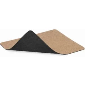 A yoga mat featuring a black and natural cork design, with a textured surface for stability.