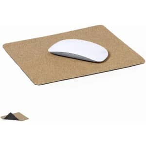 A mouse pad in a natural cork colour with a white wireless mouse on top. The product has a simple design.