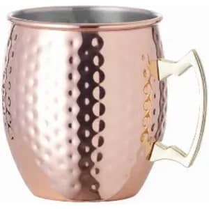 A drink bottle with a hammered copper finish and a gold handle, featuring a rounded design.