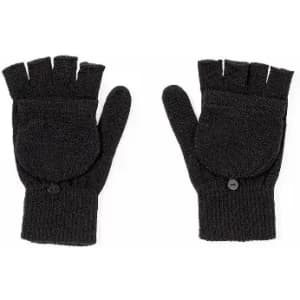 A pair of black, fingerless gloves with a flap covering the fingertips and buttons on the wrist.