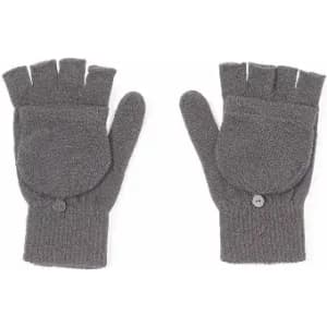 A pair of grey fingerless gloves with a button detail on the wrist area.