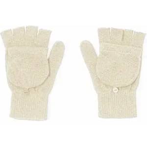 Fingerless gloves in a soft cream colour, featuring a fold-over flap and a button detail. Crafted from a textured material.