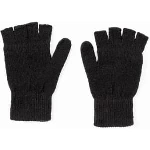 A pair of black fingerless gloves with ribbed cuffs, displayed open with both gloves visible.