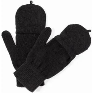 A pair of black knitted mittens with a soft texture and a cuff design, featuring a loop for hanging.