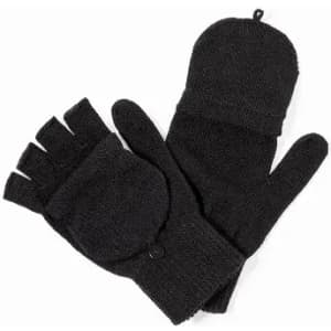 A pair of black gloves featuring a fingerless design and a fold-over mitten cover. The gloves have a textured finish.