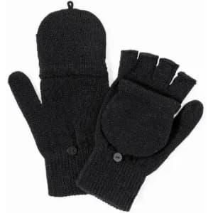 A pair of black mittens with foldable fingertips and button details. The gloves are knitted and warm in appearance.