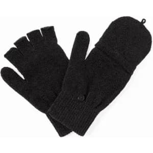 A pair of black gloves featuring a fingerless design and a flap for finger coverage.