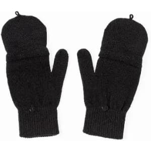 A pair of black knitted mittens with a fold-over cuff and buttons.